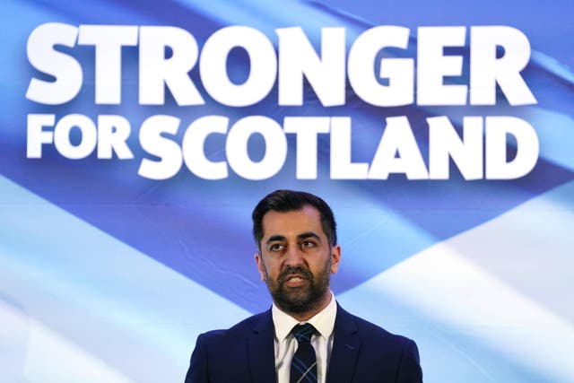 Humza Yousaf speaking at Murrayfield Stadium in Edinburgh, after it was announced that he is the new Scottish National Party leader (Andrew Milligan/PA)