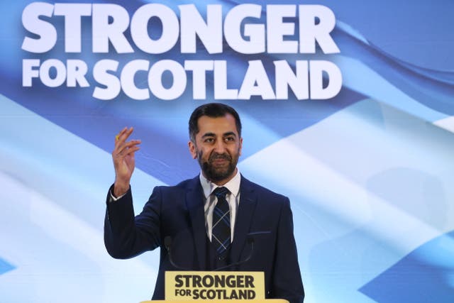 <p>The new leader of the Scottish National Party and former Health Secretary Humza Yousaf speaks after he is announced at Murrayfield Stadium in Edinburgh, Scotland</p>