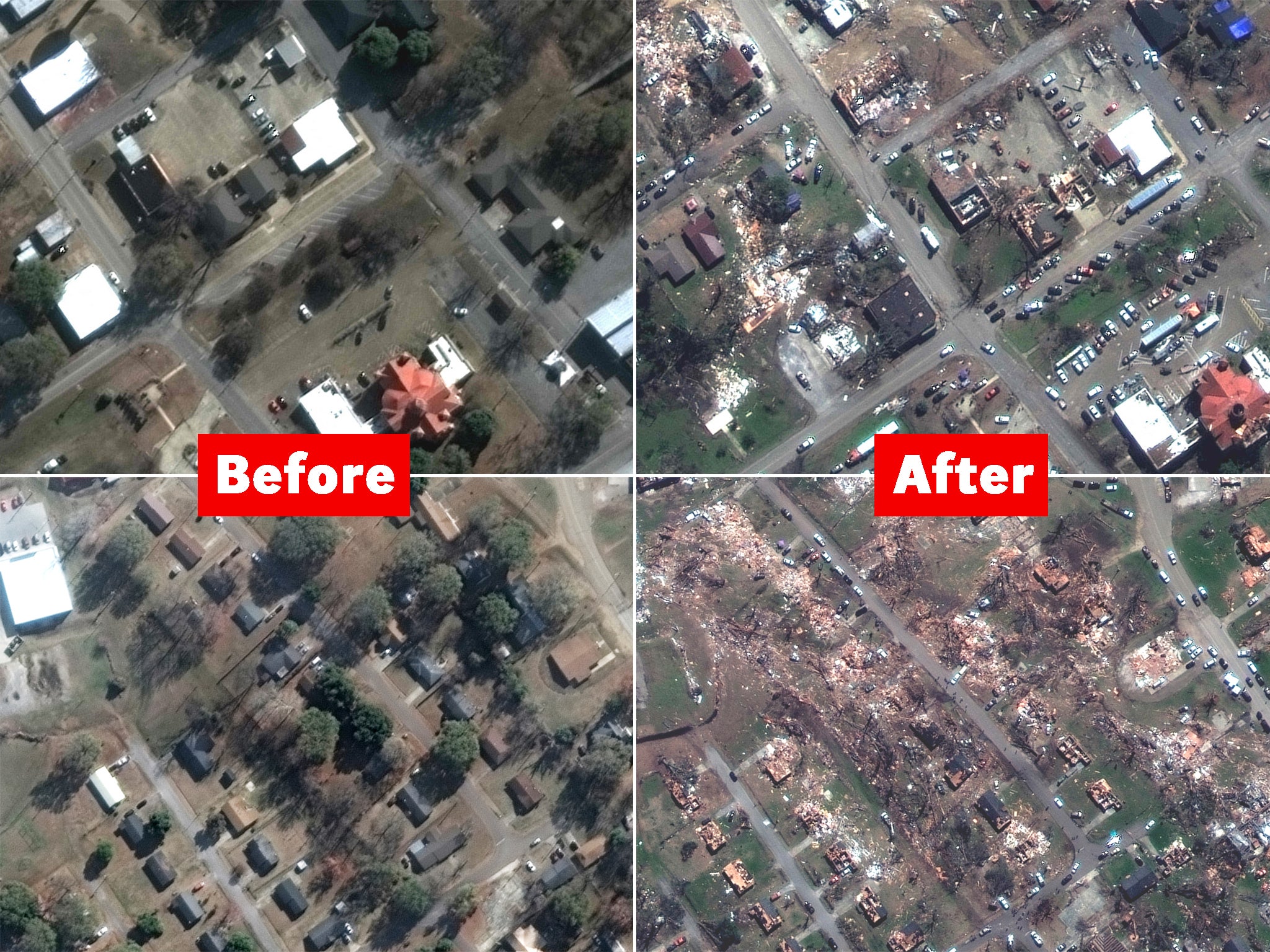 Before and after images show the devastation in the town of Rolling Fork, Mississippi after a tornado on Friday night