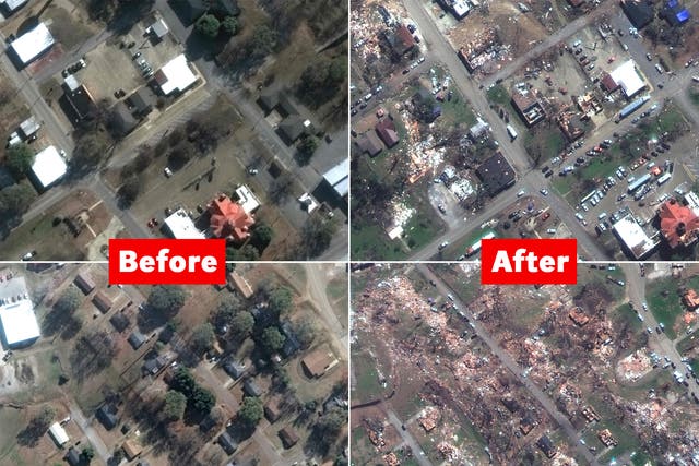 <p>Before and after images show the devastation in the town of Rolling Fork, Mississippi after a tornado on Friday night </p>