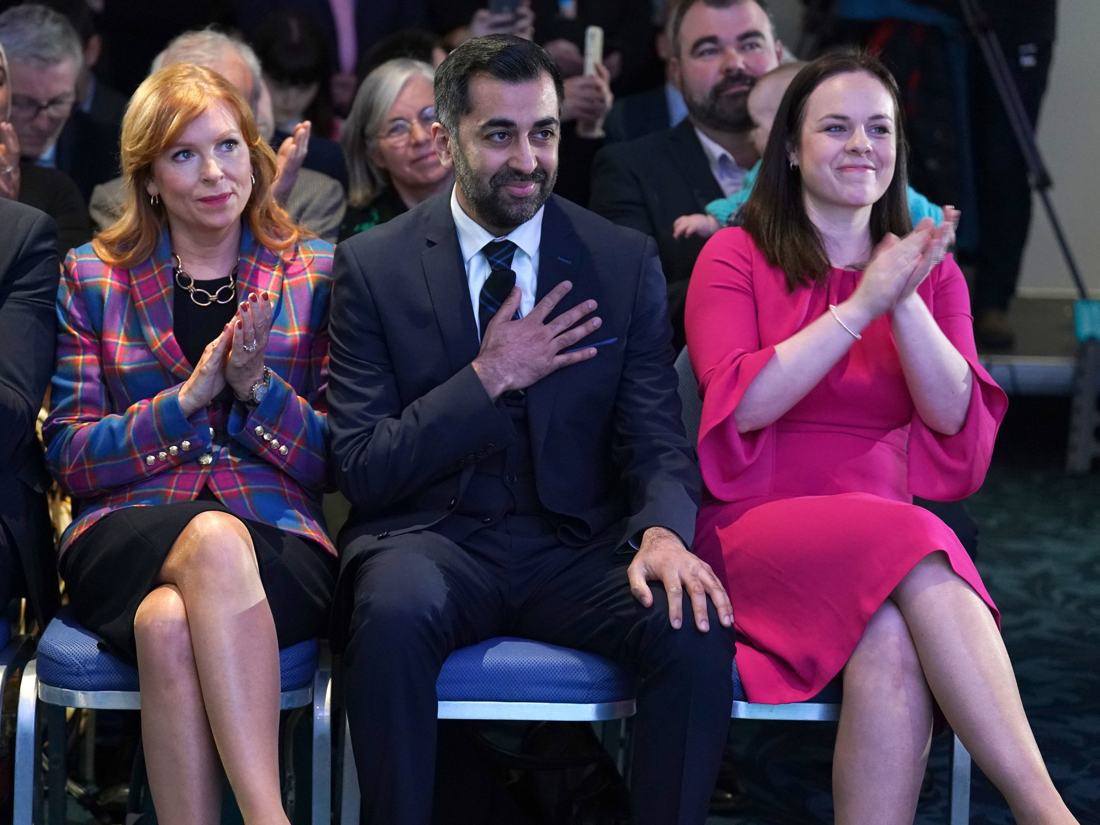 The moment Humza Yousaf is declared victor over Ash Regan (left) and Kate Forbes (right)
