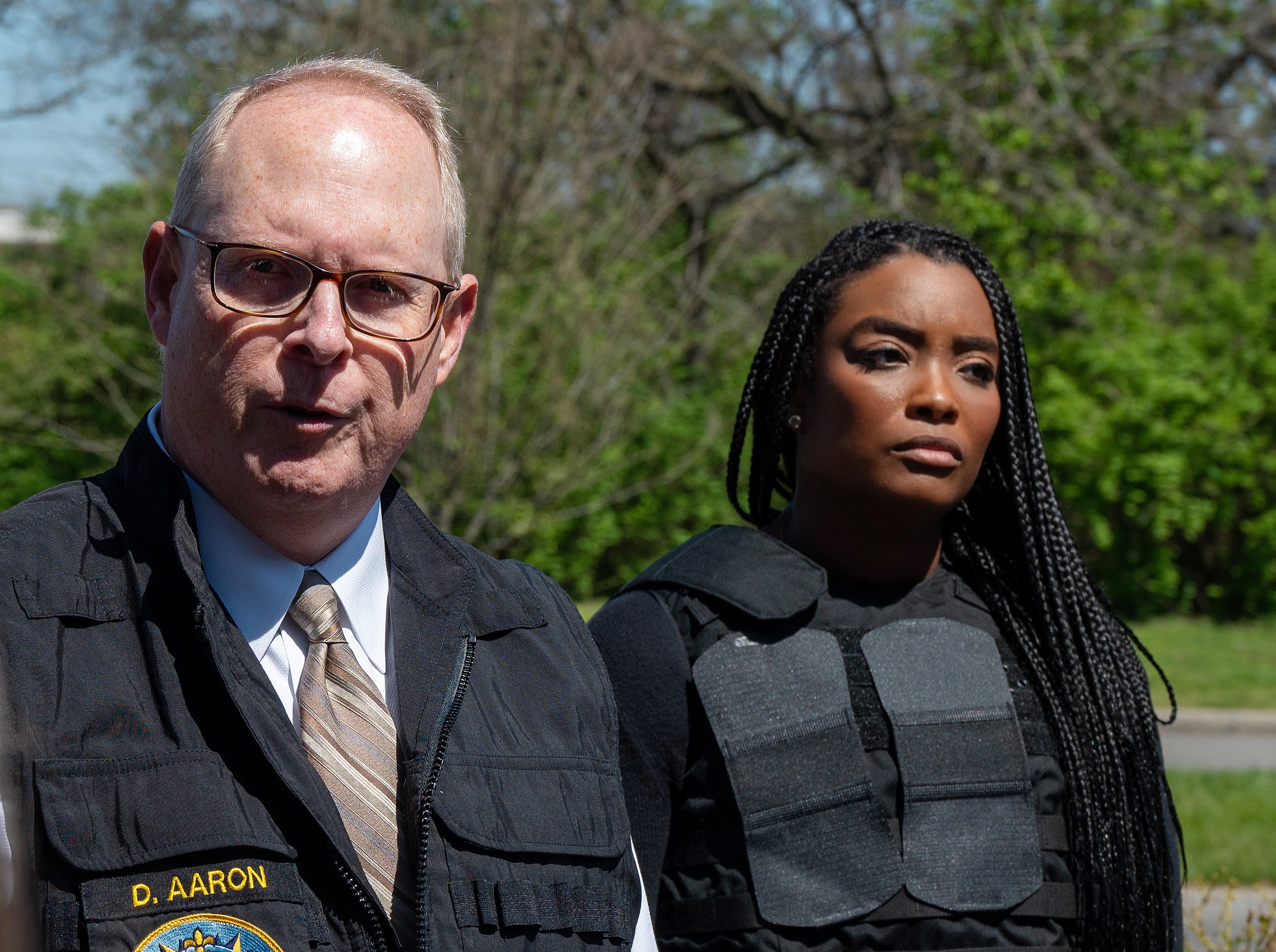 <p>Metro Nashville Police Department Public Affairs Director Don Aaron (L) and Nashville Fire Department Public Information Officer Kendra Loney (R) brief the media on the scene outside the Covenant School, Covenant Presbyterian Church, following a shooting in Nashville, Tennessee, USA, 27 March 2023</p>