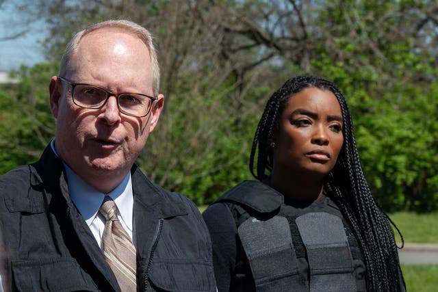 <p>Metro Nashville Police Department Public Affairs Director Don Aaron (L) and Nashville Fire Department Public Information Officer Kendra Loney (R) brief the media on the scene outside the Covenant School, Covenant Presbyterian Church, following a shooting in Nashville, Tennessee, USA, 27 March 2023</p>