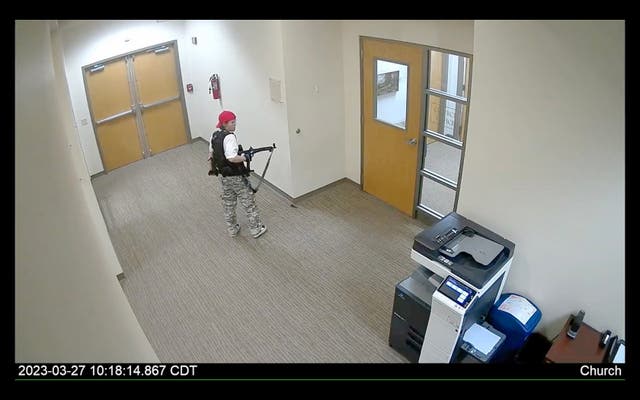 <p>A grab from surveillance video released by police shows the shooter during the attack on the Covenant School in Nashville</p>