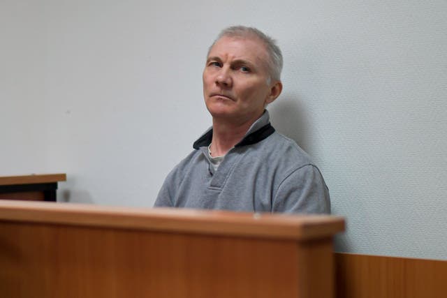 <p>Alexei Moskalyov sits in a courtroom in Yefremov, Tula region at a previous hearing </p>