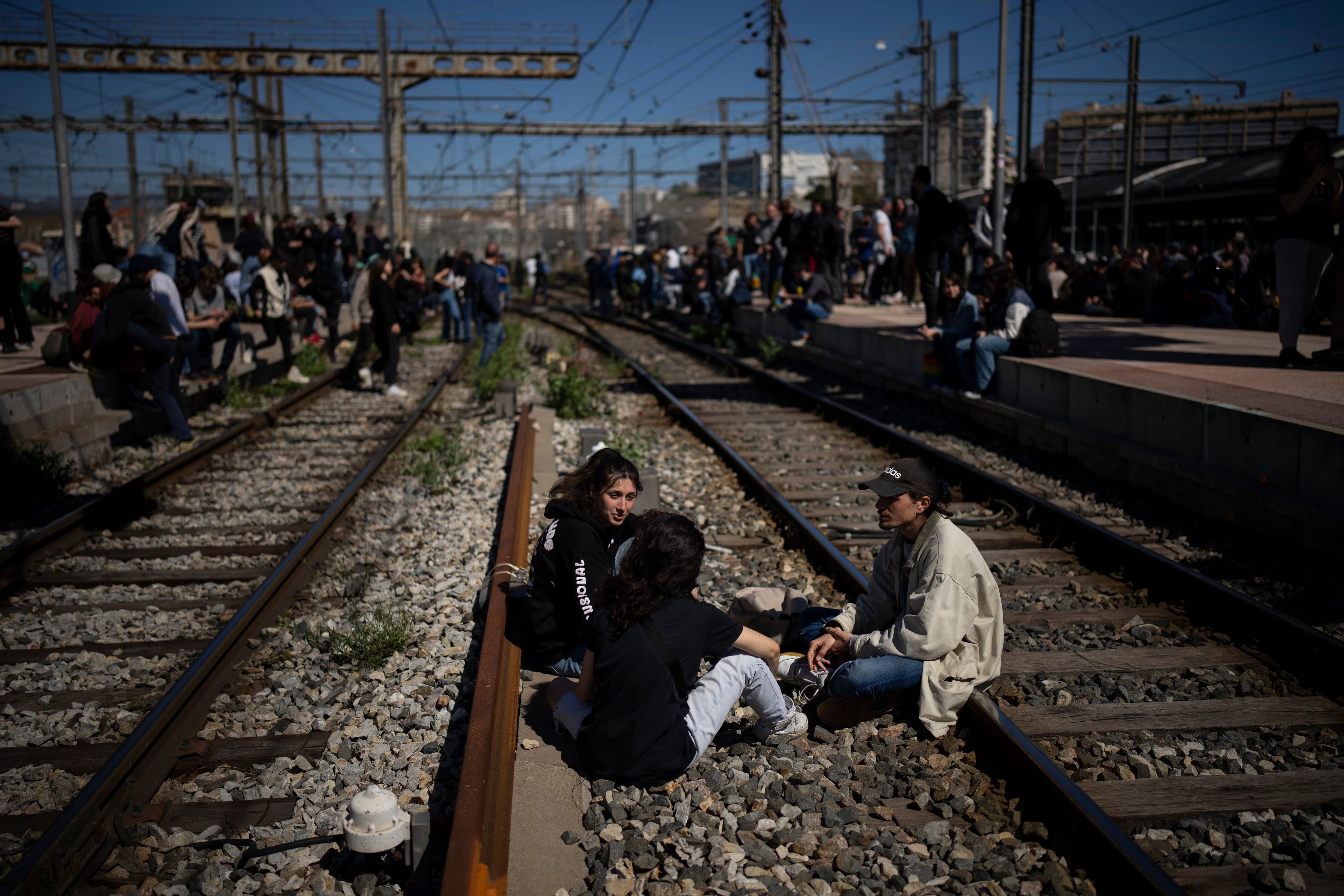 <p>Protesters at St Charles station near Marseille on Tuesday </p>