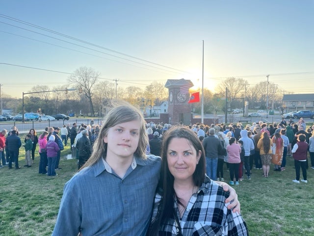 Terry Naylor and her son, Alden, 15, attended a Tuesday night vigil for the victims of the fatal shooting on Monday at Nashville's Covenant School