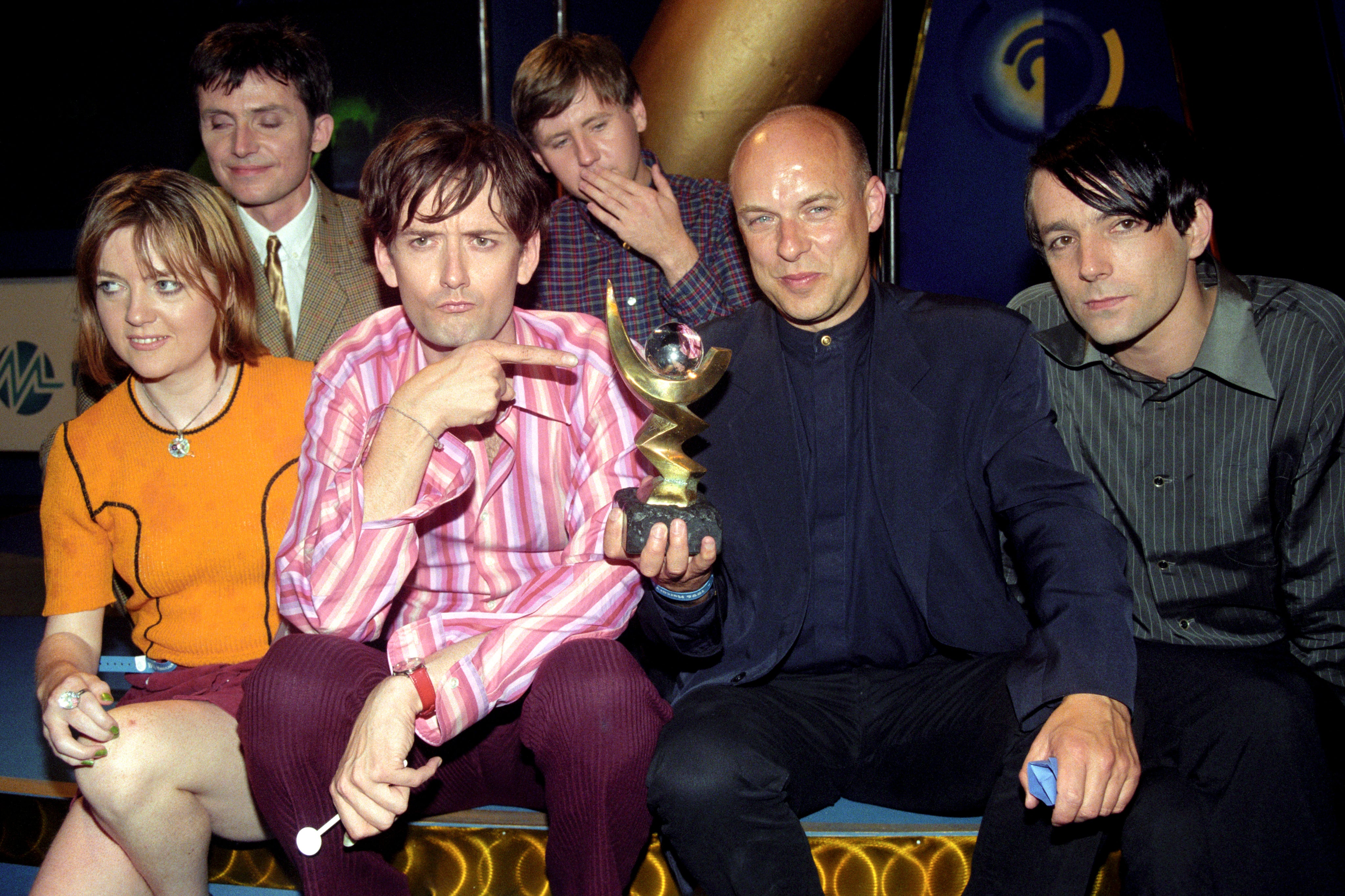 Pulp with Brian Eno, second right, after winning the Mercury Prize in 1996