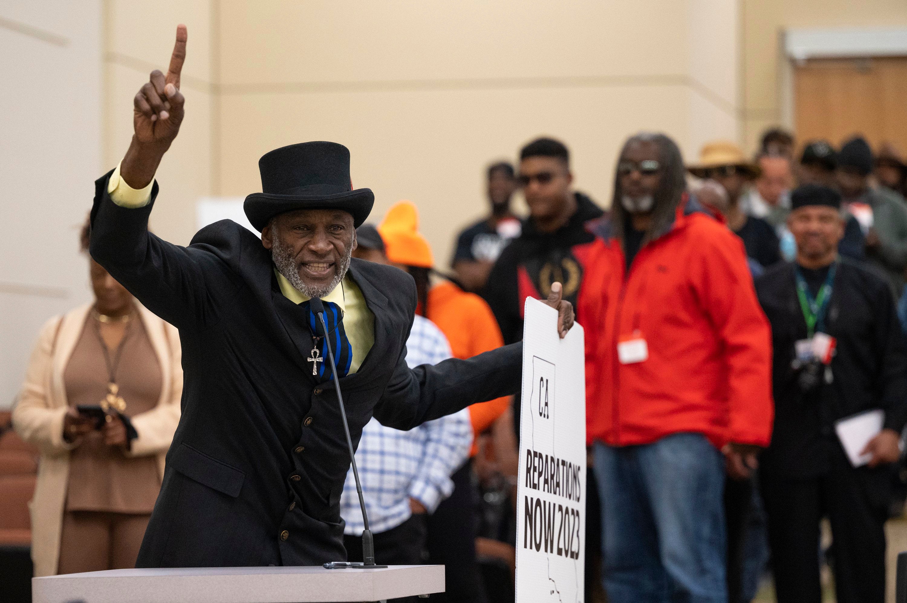 Morris Griffin of Los Angeles speaks during the public comment portion of the Reparations Task Force meeting in Sacramento, California on 3 March 2023