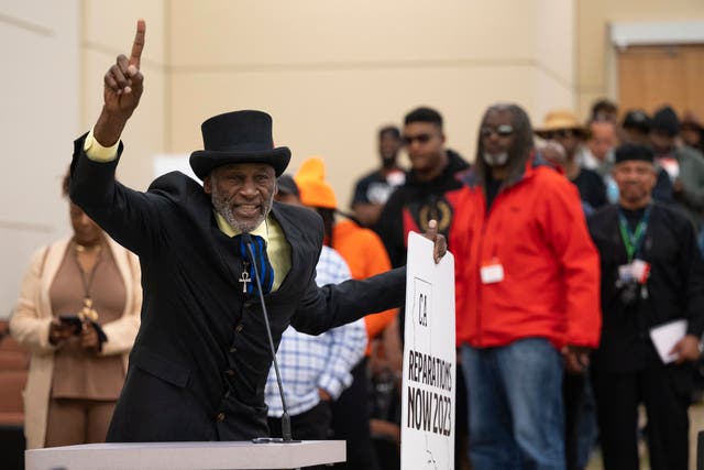 <p>Morris Griffin of Los Angeles speaks during the public comment portion of the Reparations Task Force meeting in Sacramento, California on 3 March 2023</p>