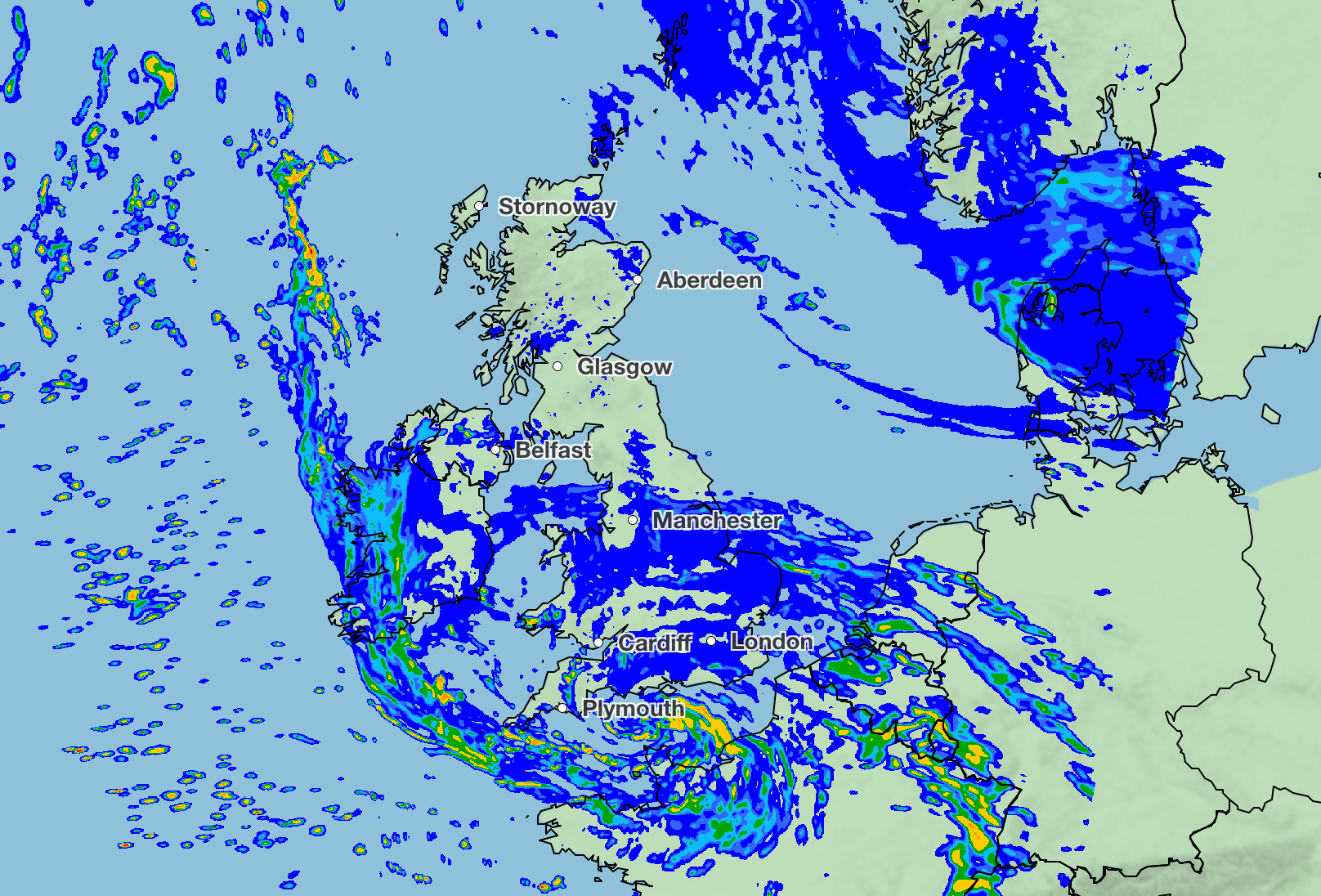 A map showing areas likely to be hit by rainfall in the early hours of Friday morning