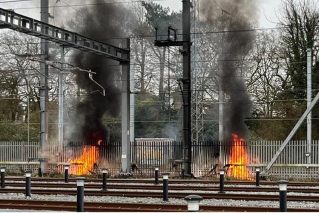 A trackside electrical fire at Maidenhead train station in Berkshire, which has caused large-scale disruption to rail services from Reading into London Paddington (Network Rail/PA)