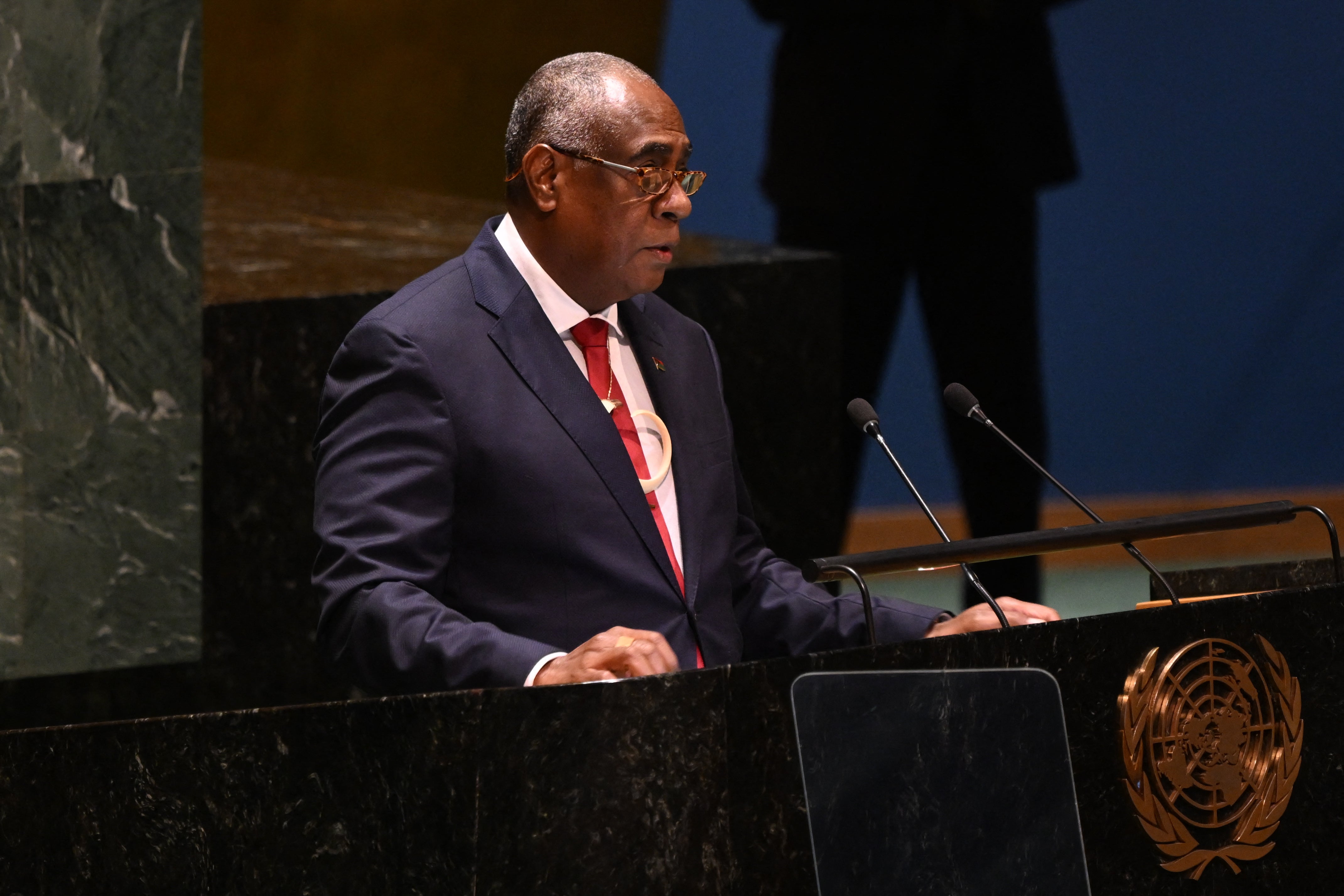 Vanuatu’s prime minister Ishmael Kalsakau speaks prior to a vote on resolution