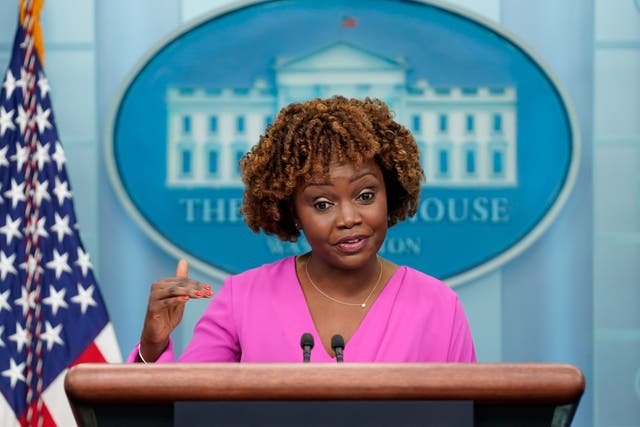 <p>White House press secretary Karine Jean-Pierre speaks during a press briefing at the White House, Monday, March 27, 2023, in Washington. (AP Photo/Patrick Semansky)</p>