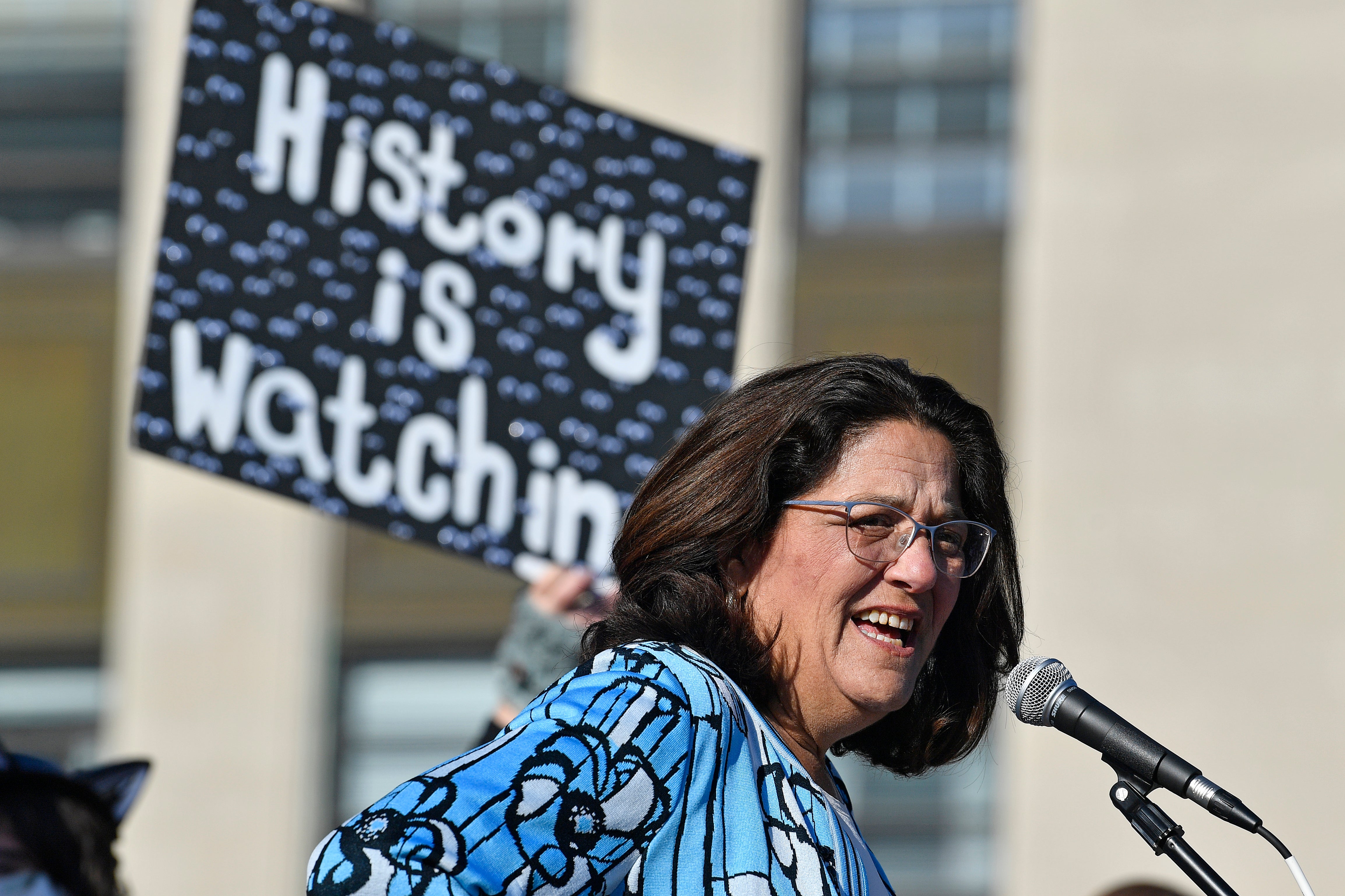 Kentucky state Senator Karen Berg, whose transgender son died by suicide in 2022, addresses a crowd protesting a sweeping bill targeting LGBT+ people on 29 March.