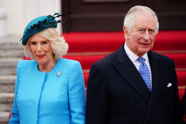 King Charles III and the Queen Consort attending a Green Energy reception at Bellevue Palace, Berlin, the official residence of the President of Germany, during his State Visit to Germany. Picture date: Wednesday March 29, 2023.