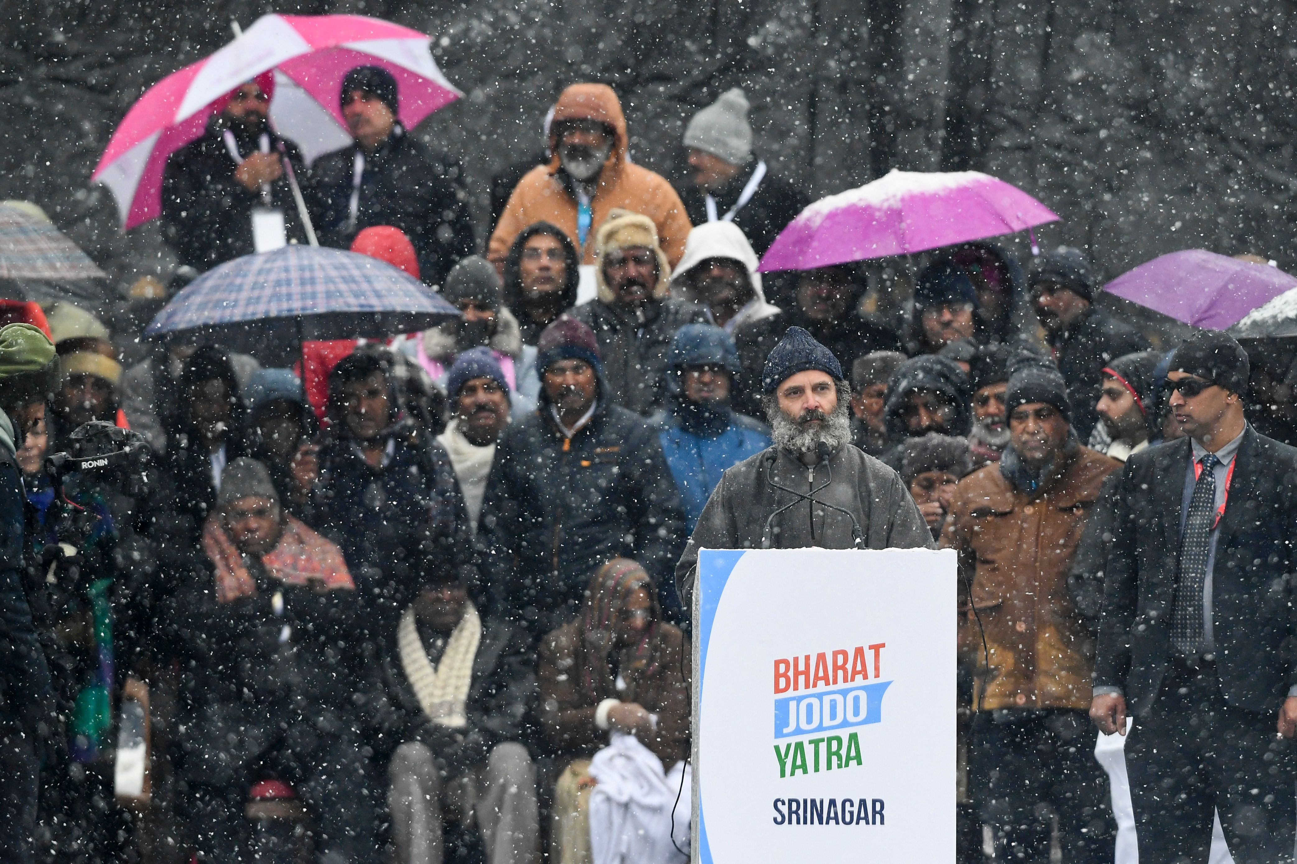 India’s Congress party leader Rahul Gandhi speaks at a public meeting amid heavy snowfall as he concludes the ‘Bharat Jodo Yatra’ march in Srinagar on 30 January 2023