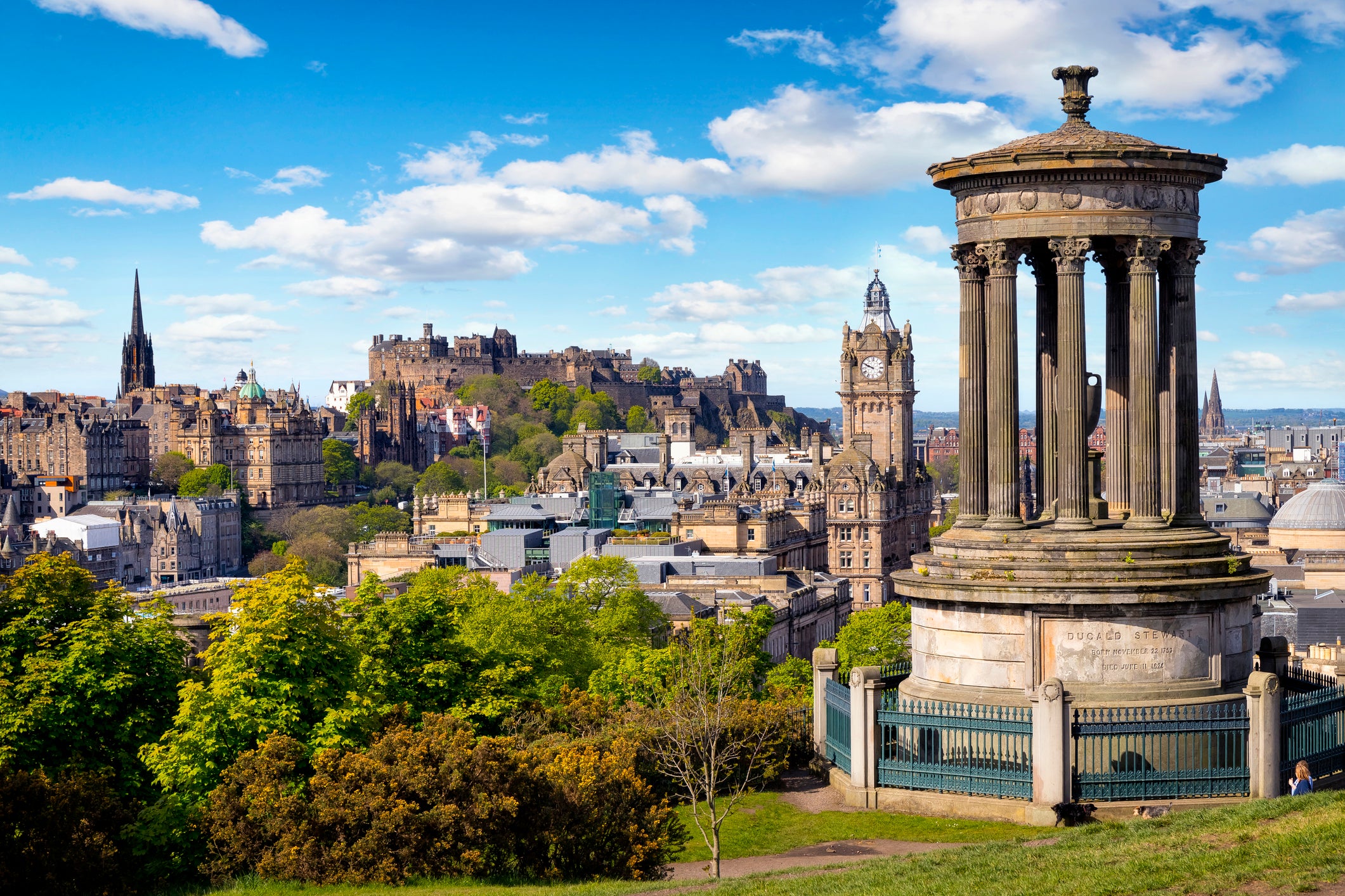 The Dugald Stewart monument and the view over Edinburgh from Calton Hill
