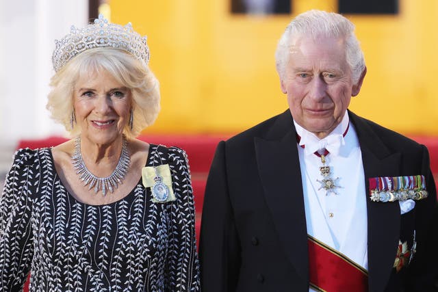 <p>King Charles III and Camilla, Queen Consort arrive at Belleuvue Palace on March 29, 2023 in Berlin</p>