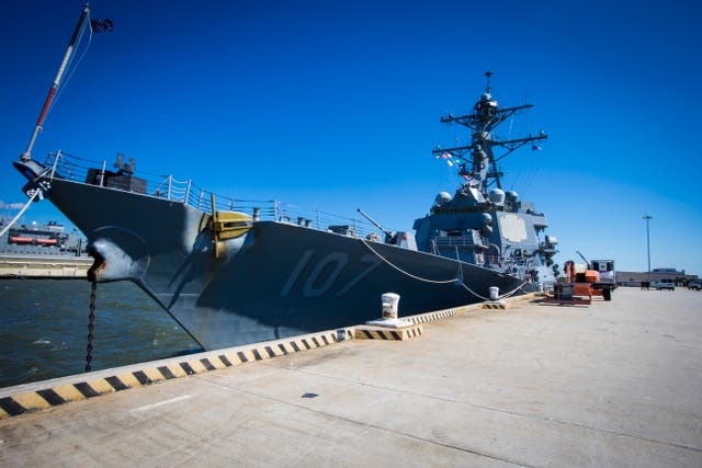<p>The Arleigh Burke-class destroyer USS Gravely docked at its home port Norfolk Naval Station in Norfolk, Virginia. The warship is now heading to the  U.S.-Mexico border</p>