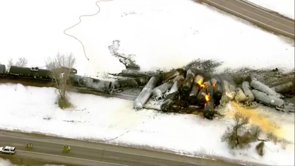 Minnesota train derailment – latest: Town evacuated after ethanol in cars catch fire in Raymond