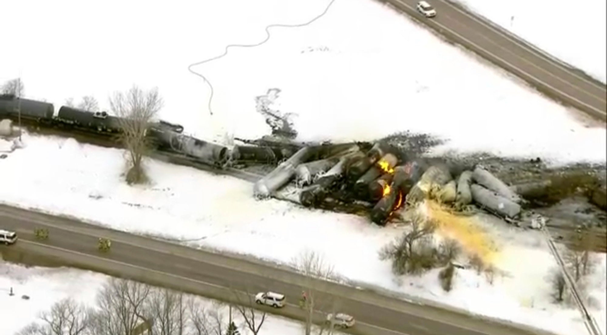 Emergency personnel respond to the scene of a train derailment early on Thursday, March 30, 2023 in Raymond