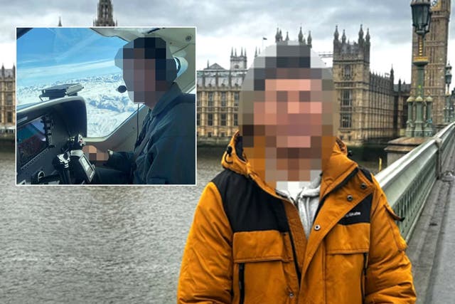 <p>The Afghan war hero, whose face has been pixelated to protect his identity, in Westminster last month and, inset, in the cockpit </p>