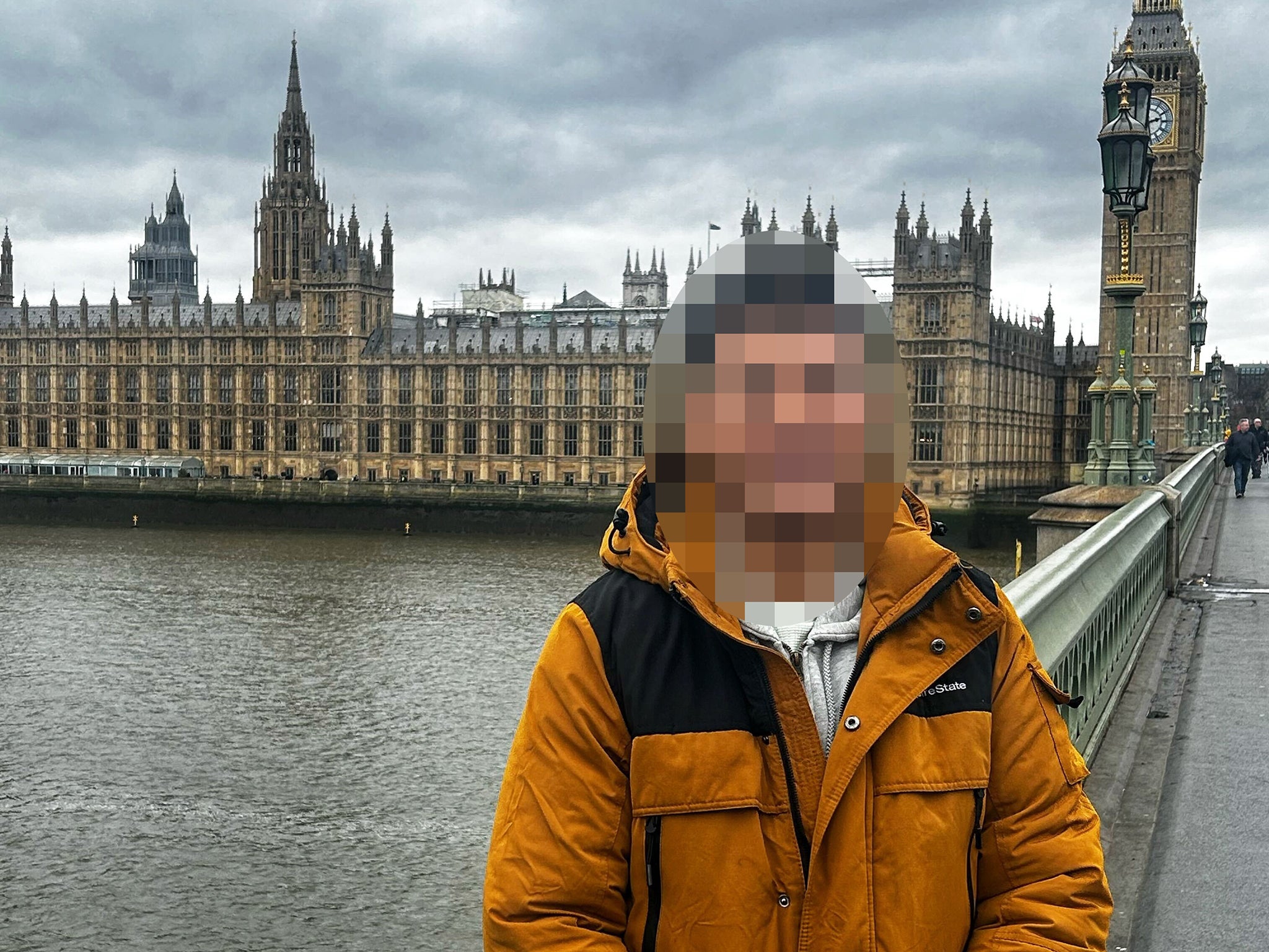 The airman, whose face has been pixellated to protect his identity, in London