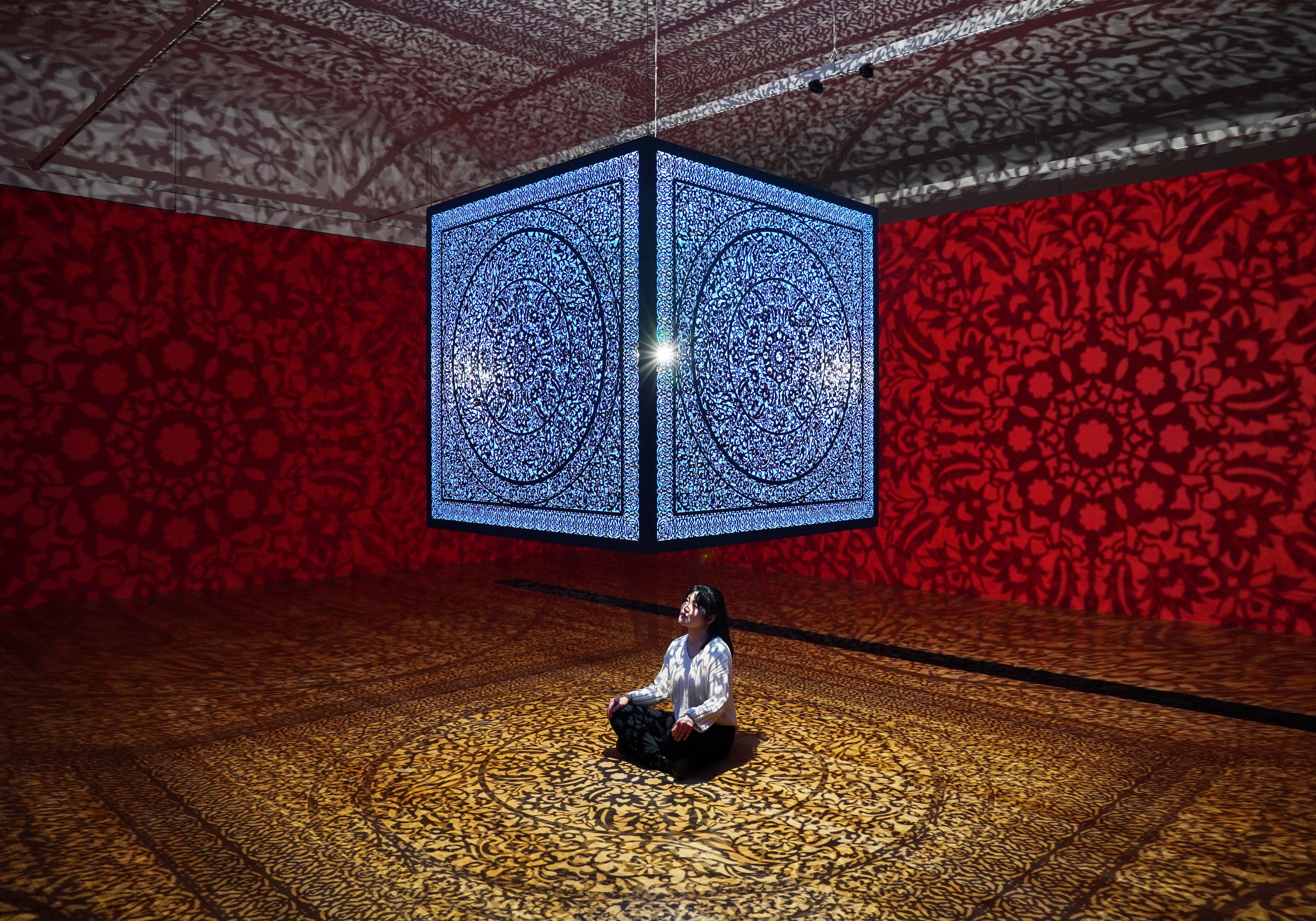 A visitor admires the title piece, a large suspended steel cube casting shadow patterns across the walls, by Anila Quayyum Agha at a preview for All The Flowers Are For Me show at Shirley Sherwood Gallery of Botanical Art in Kew Gardens.