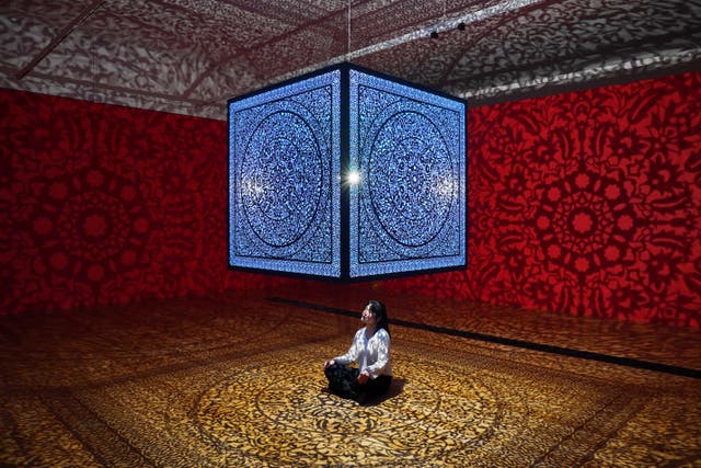 A visitor admires the title piece All The Flowers Are For Me by Anila Quayyum Agha, a large, suspended steel cube casting shadow patterns across the walls, at a preview for All The Flowers Are For Me and Plants Of The Qur’an, two new exhibitions at Shirley Sherwood Gallery of Botanical Art, at Kew Gardens in Richmond, south west London. (Jonathan Brady/PA)