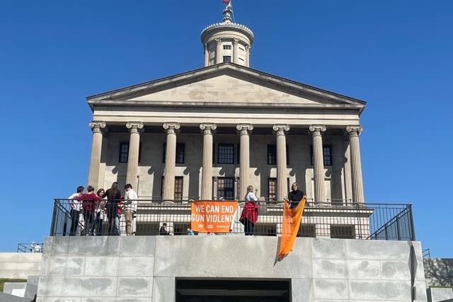 <p>Hundreds gathered on the grounds of the Tennessee State Capitol on Thursday to demand gun reform after a school shooting killed three children and three adults on Monday in Nashville</p>