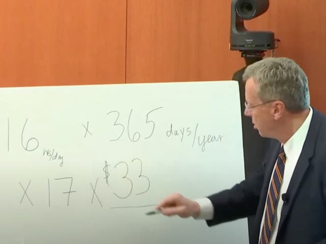 <p>A lawyer for Terry Sanderson writes up an equation during closing arguments</p>