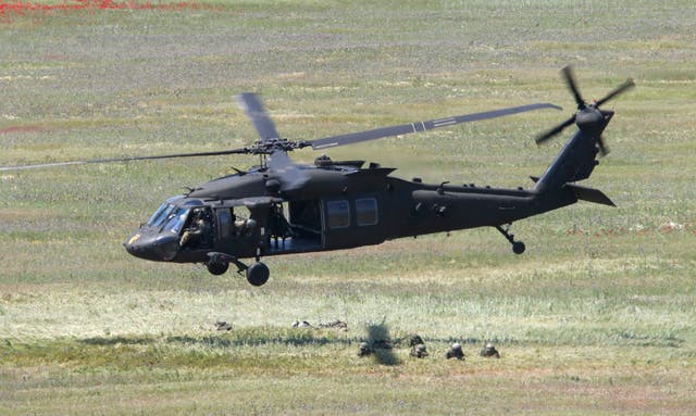 <p>A US Black Hawk helicopter takes off after deploying soldiers during the Swift Response 22 military exercise in 2022 </p>