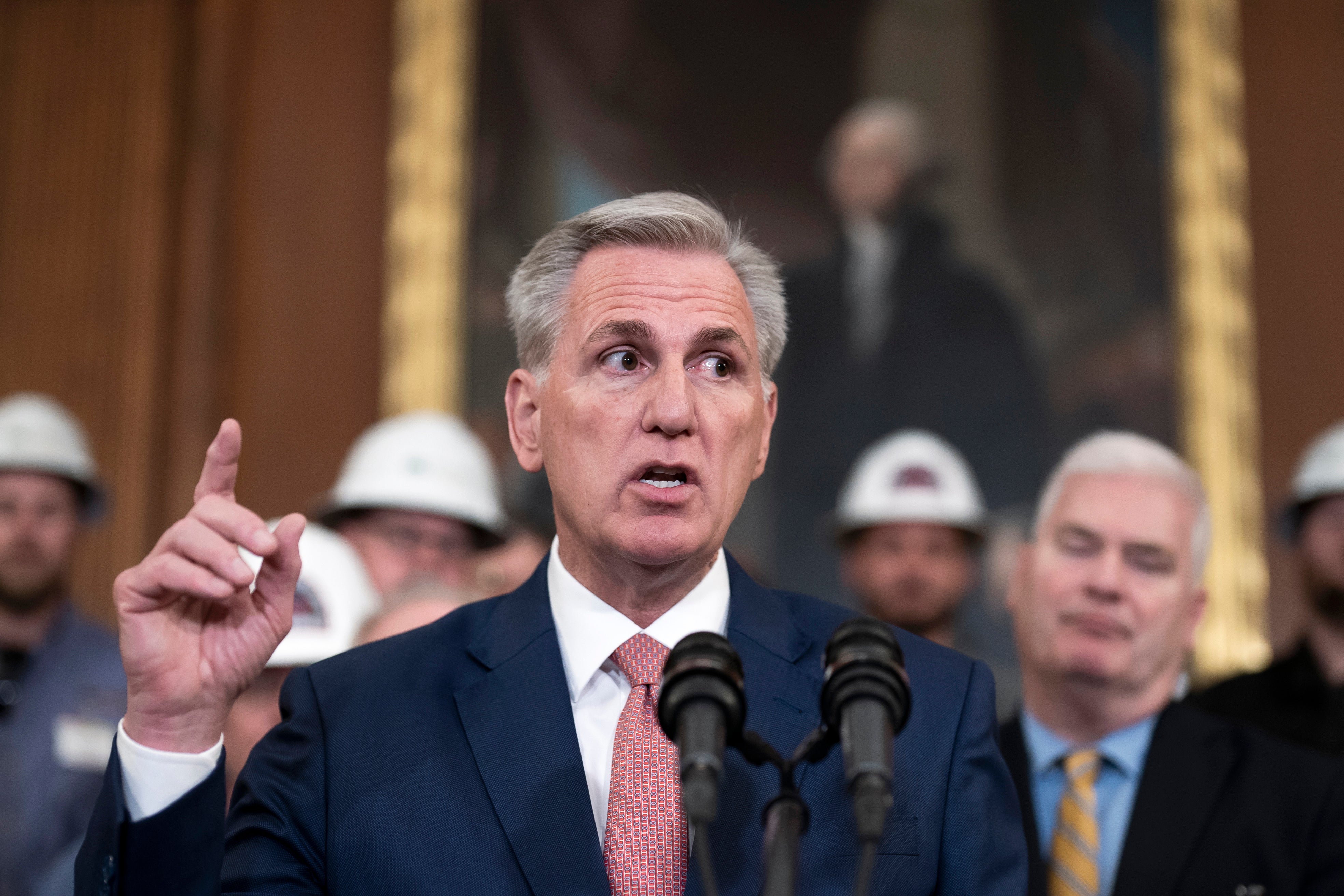 Speaker of the House Kevin McCarthy, R-Calif., talks to reporters after passing the GOP’s sprawling energy package