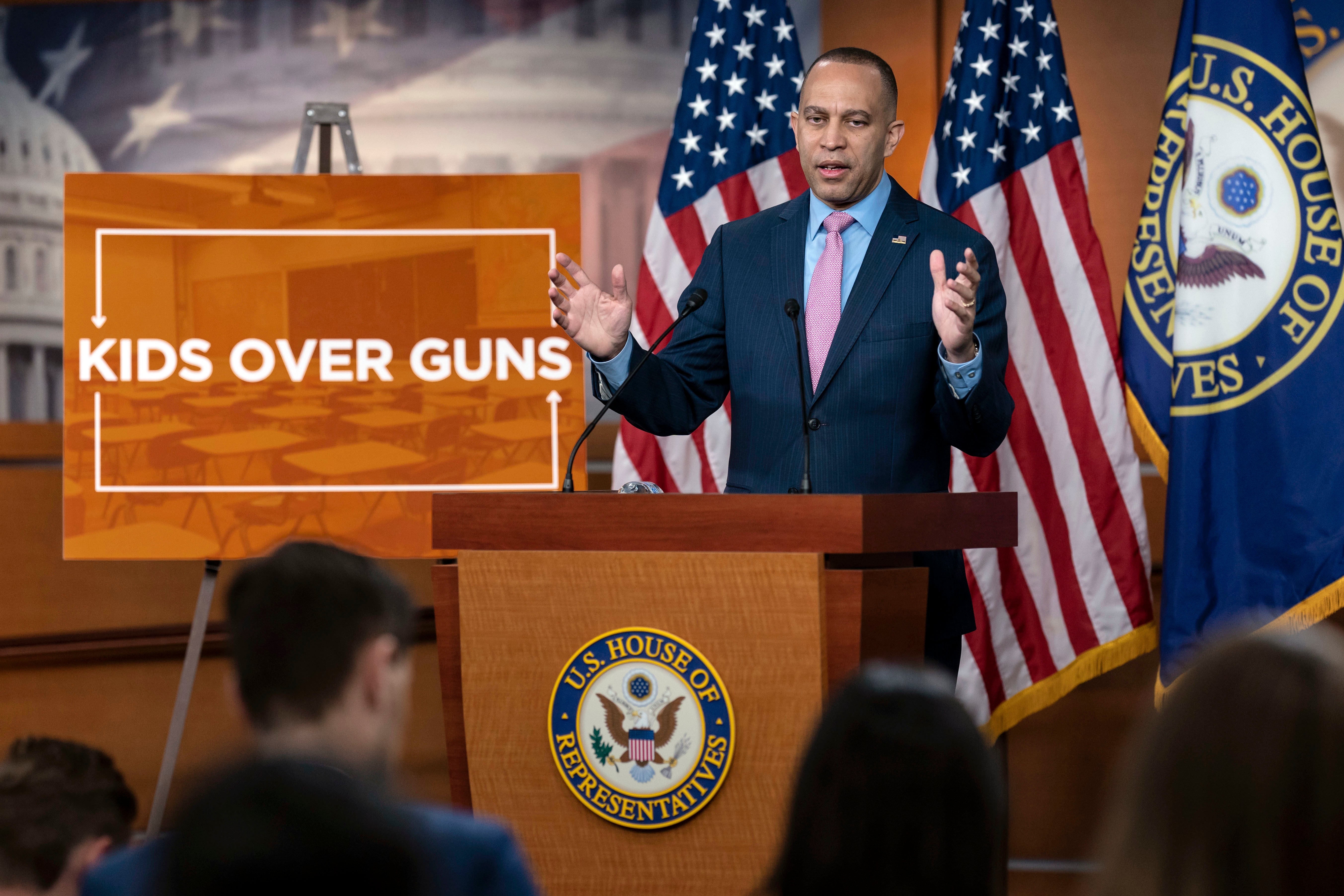 House Minority Leader Hakeem Jeffries, D-N.Y., the top Democrat in the House, criticizes Republican policies on guns in the wake of the deadly school shooting in Nashville, during a news conference at the Capitol in Washington, Thursday, March 30, 2023.