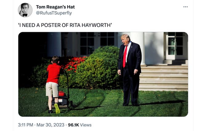 <p>Tweet showing Donald Trump shouting at a boy mowing the White House lawn with the caption ‘I NEED A POSTER OF RITA HAYWORTH’</p>