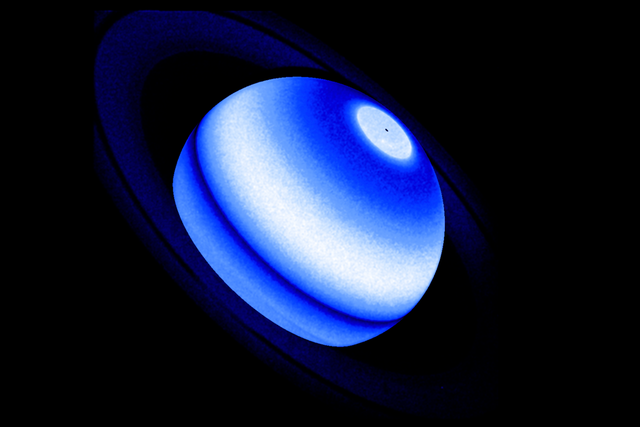 <p>Composite image shows the Saturn Lyman-alpha bulge, an emission from hydrogen which is a persistent and unexpected excess detected by three distinct NASA missions</p>