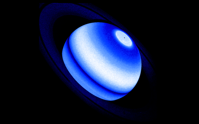 <p>Composite image shows the Saturn Lyman-alpha bulge, an emission from hydrogen which is a persistent and unexpected excess detected by three distinct NASA missions</p>