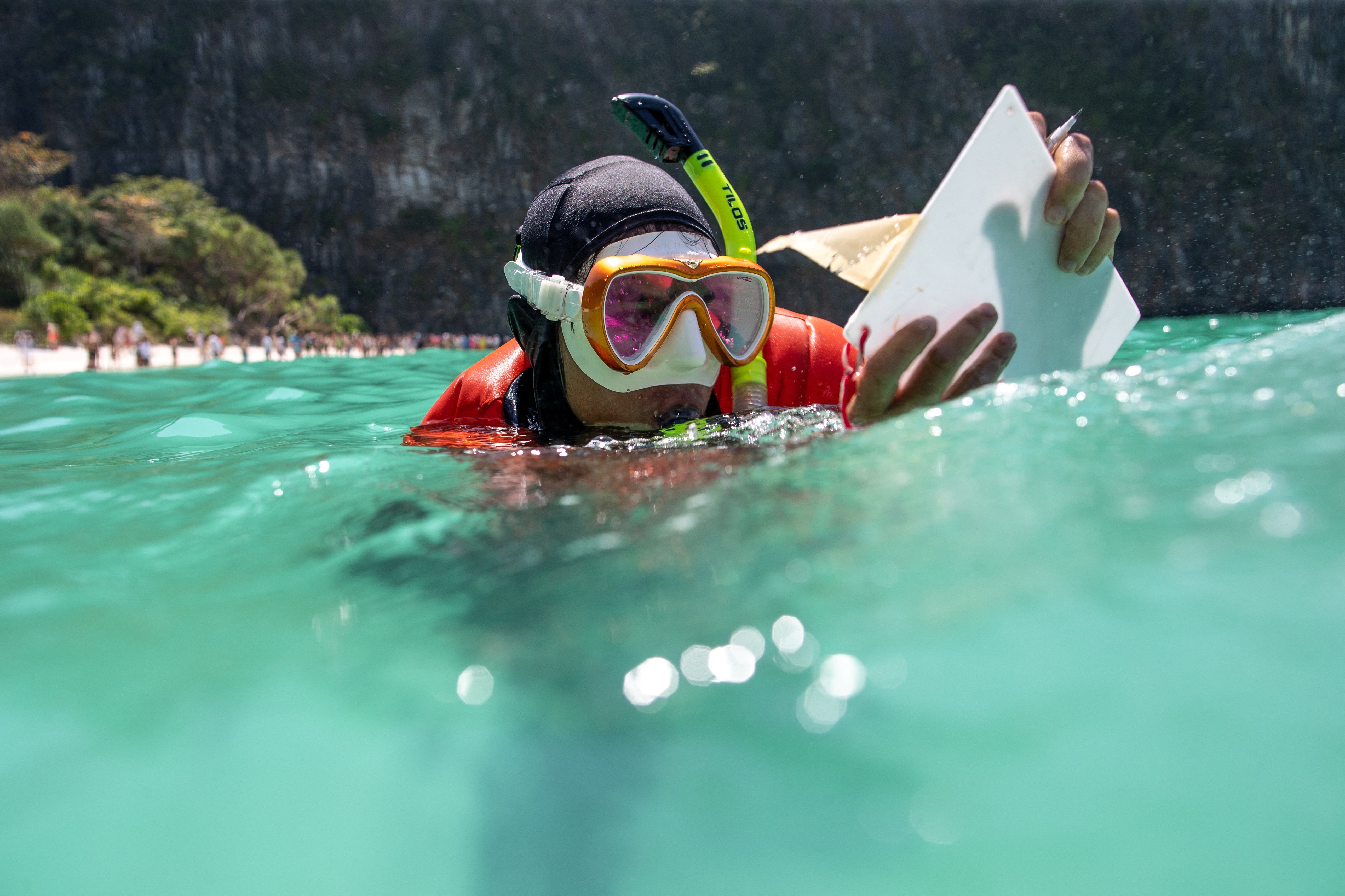 Sommawan Kasa, 29, a divemaster with the Maya Shark Watch Project, takes notes on a waterproof filming board