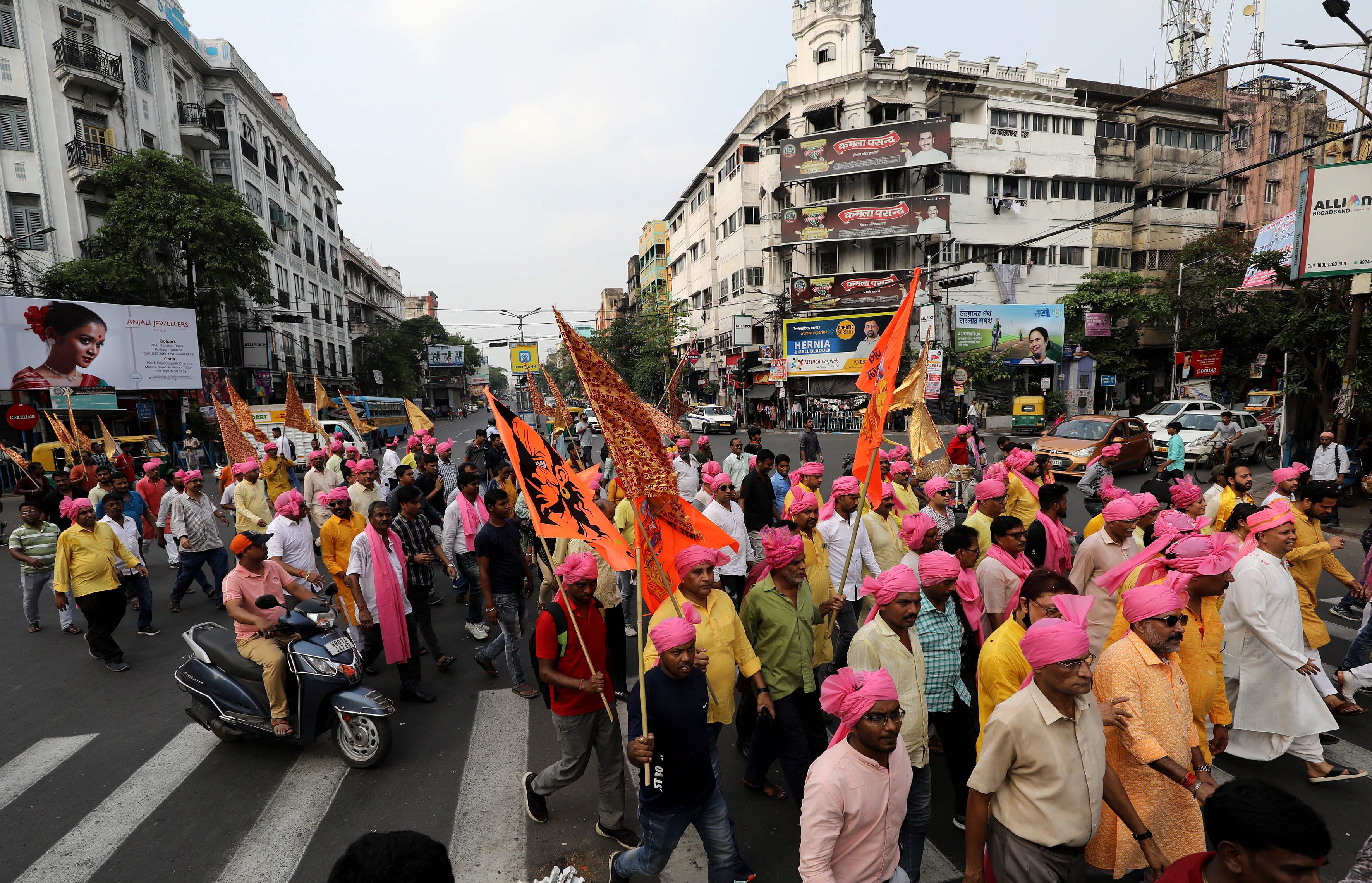 Hindu devotees participate in a religious procession to celebrate the Ram Navami festival in Kolkata