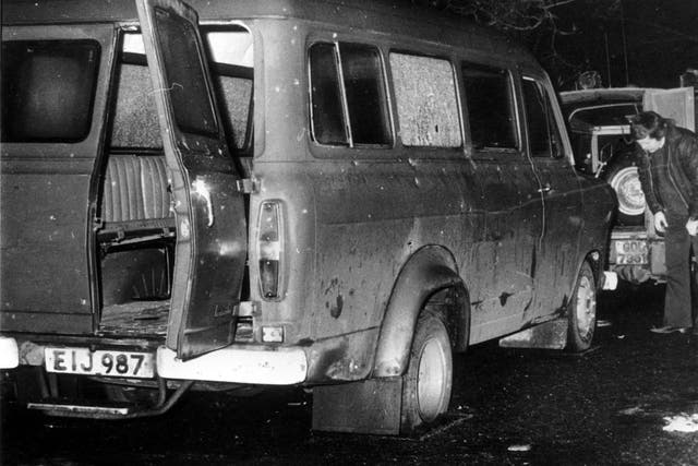 The bullet-riddled minibus near Whitecross in South Armagh where 10 Protestant workmen were shot dead by IRA terrorists (PA)