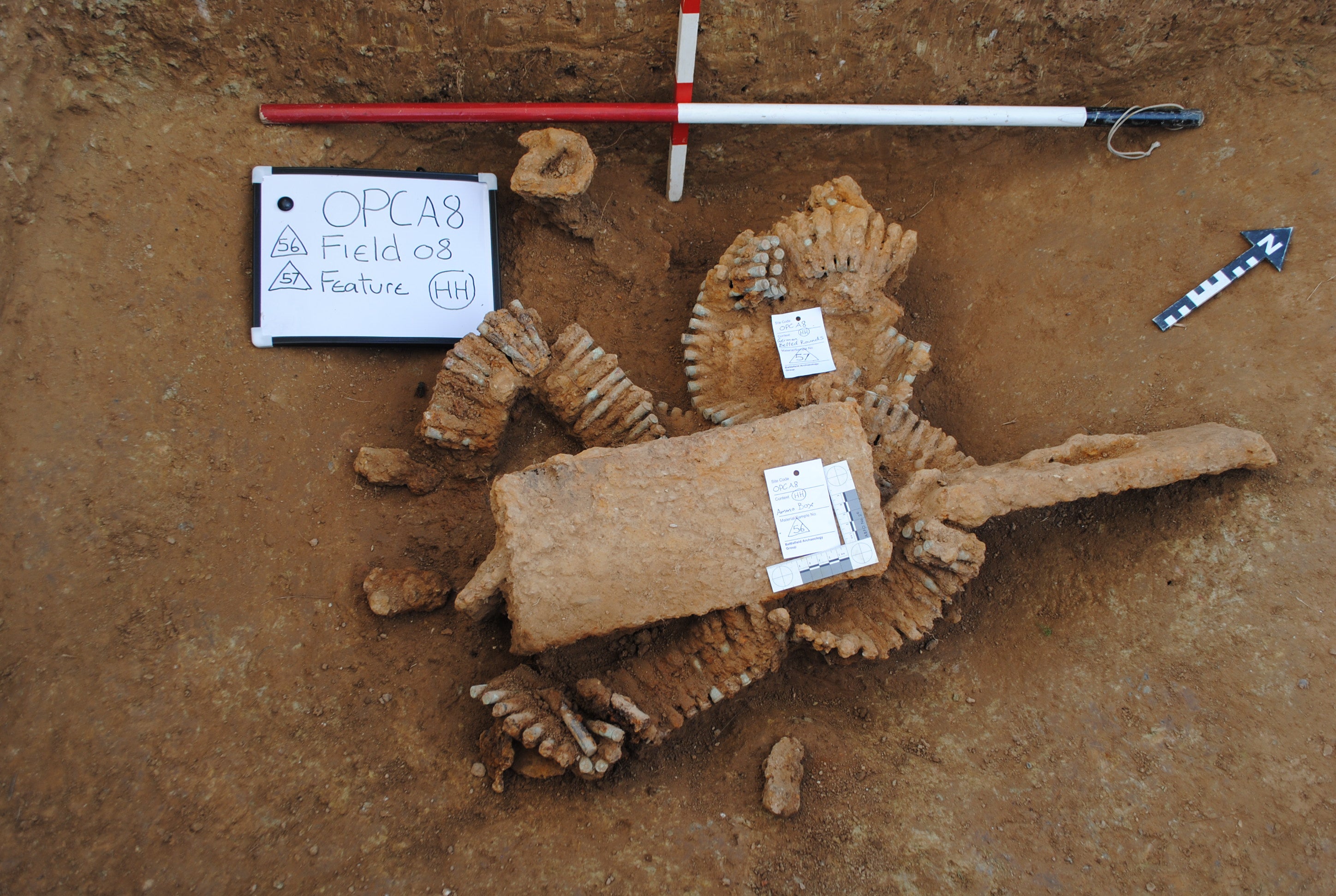 <p>German ammunition canister - with 250 live machine gun rounds, unearthed by the archaeologists</p>