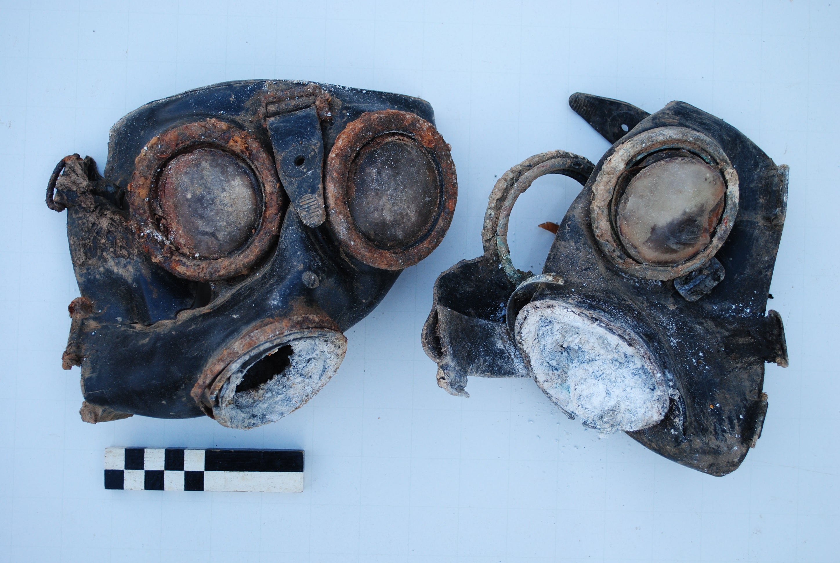 <p>Two German gas masks, discovered by the archaeologists in a German dugout </p>