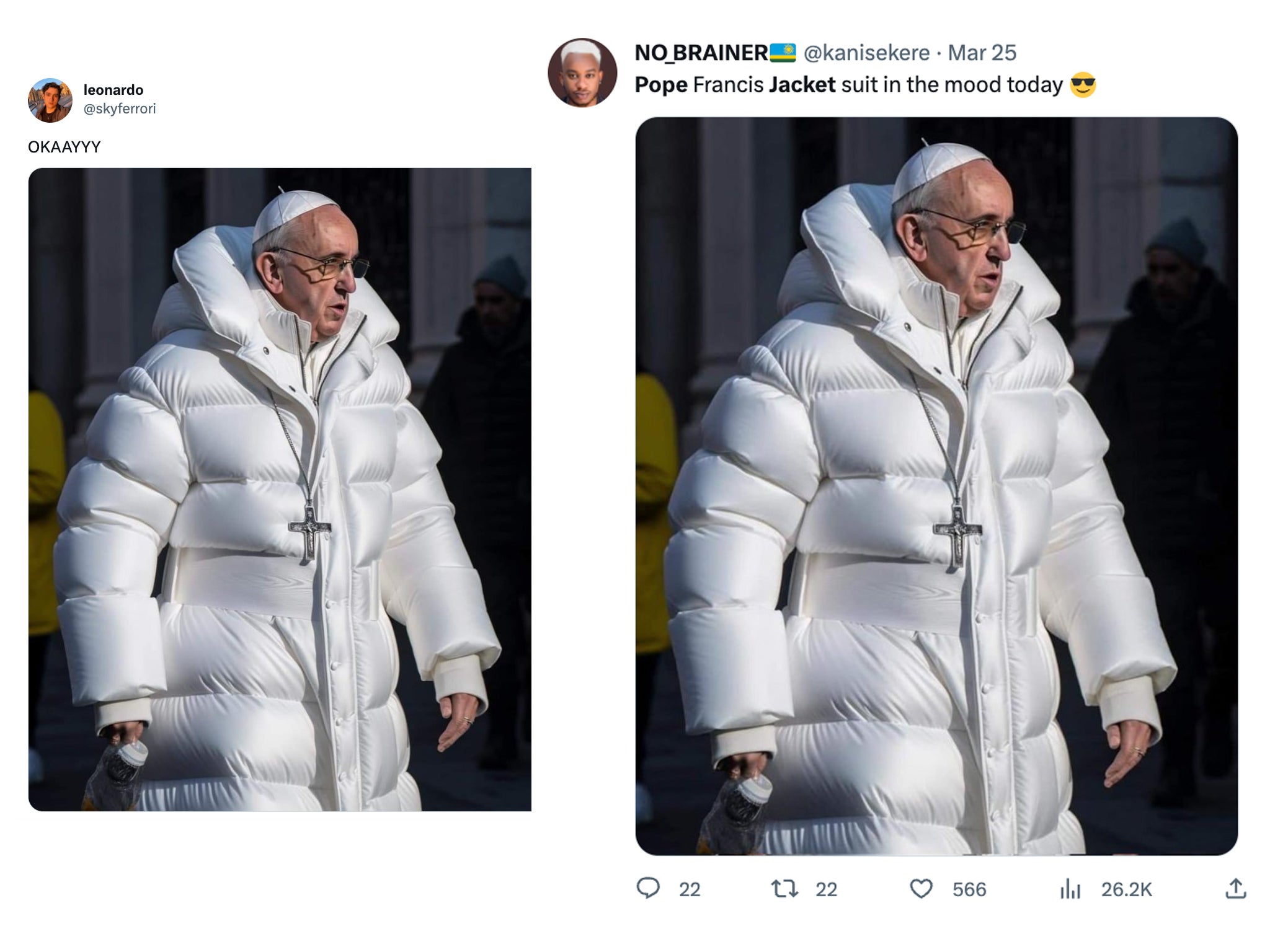 People shared a deepfake AI image of the Pope in a puffer jacket on social media