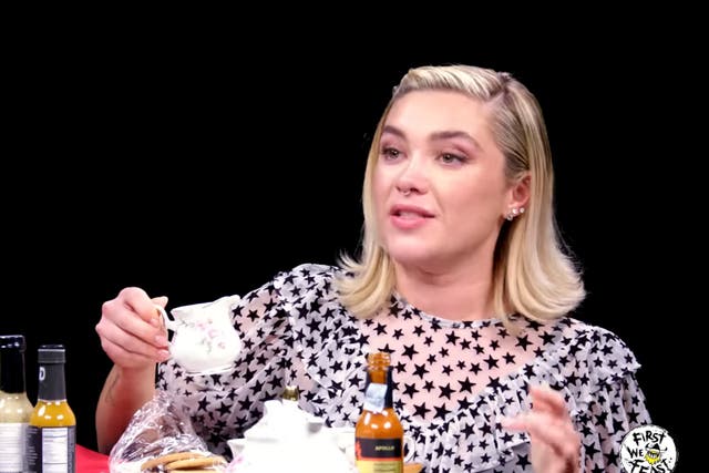 <p>Florence Pugh demonstrates her perfect cuppa on Hot Ones</p>
