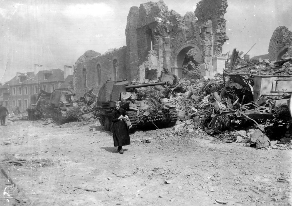 <p>German armour destroyed in the Normandy village of Roncy during Operation Cobra </p>