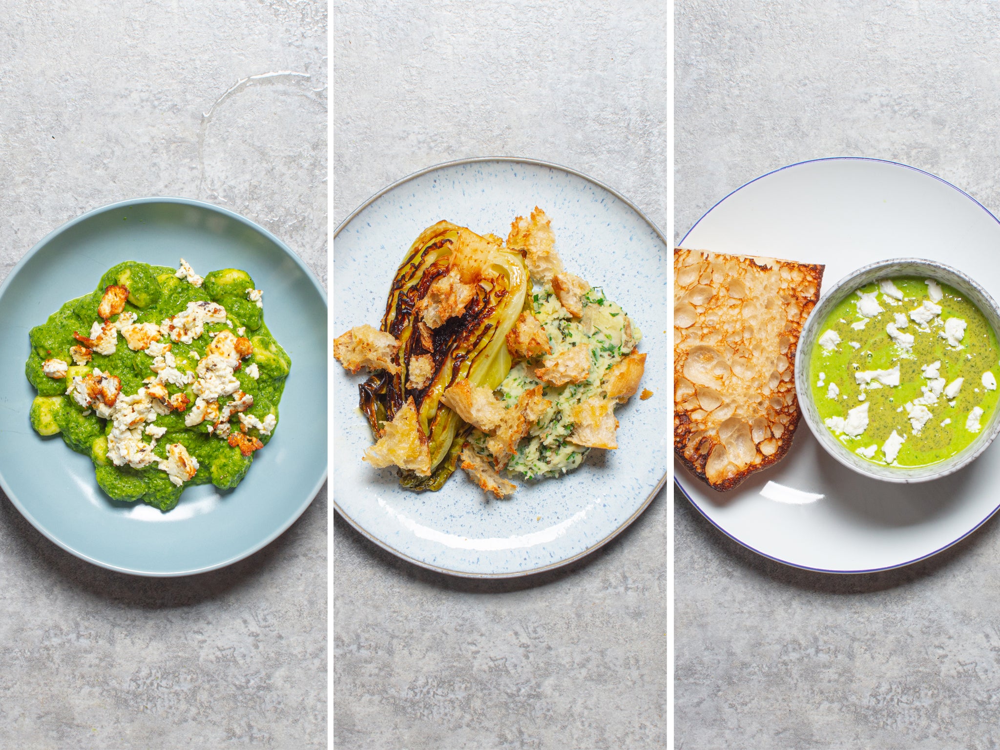 Greens galore: roast courgette, rocket and feta gnocchi; butter roast cabbage with herby mash; and pea and feta soup