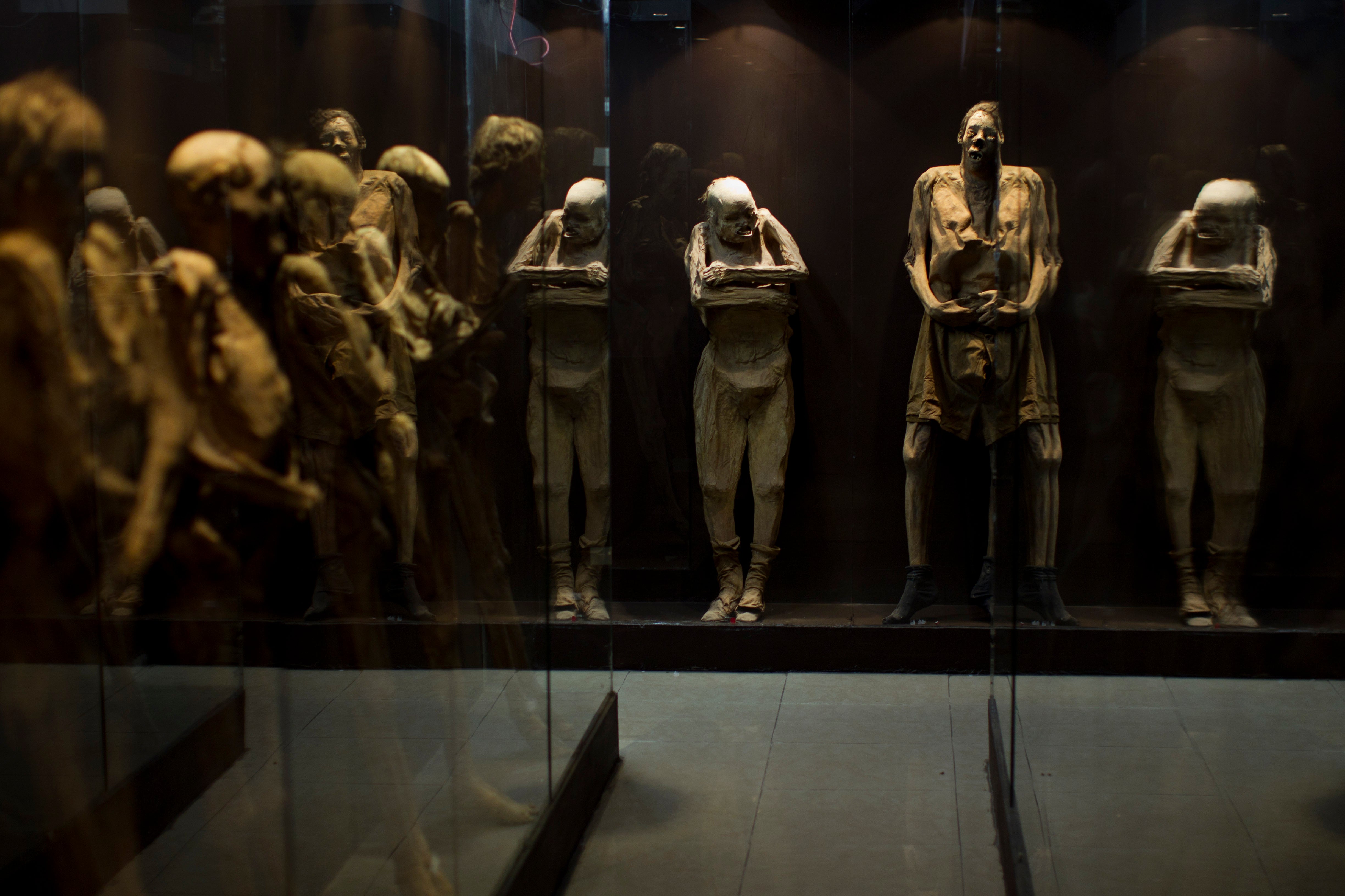 Mummies are displayed inside glass enclosures at the Mummy Museum in the colonial city of Guanajuato, Mexico