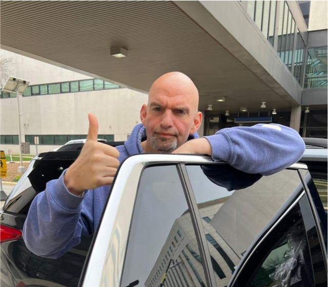 <p>An image of senator John Fetterman after his release from Walter Reed Military Medical Center</p>