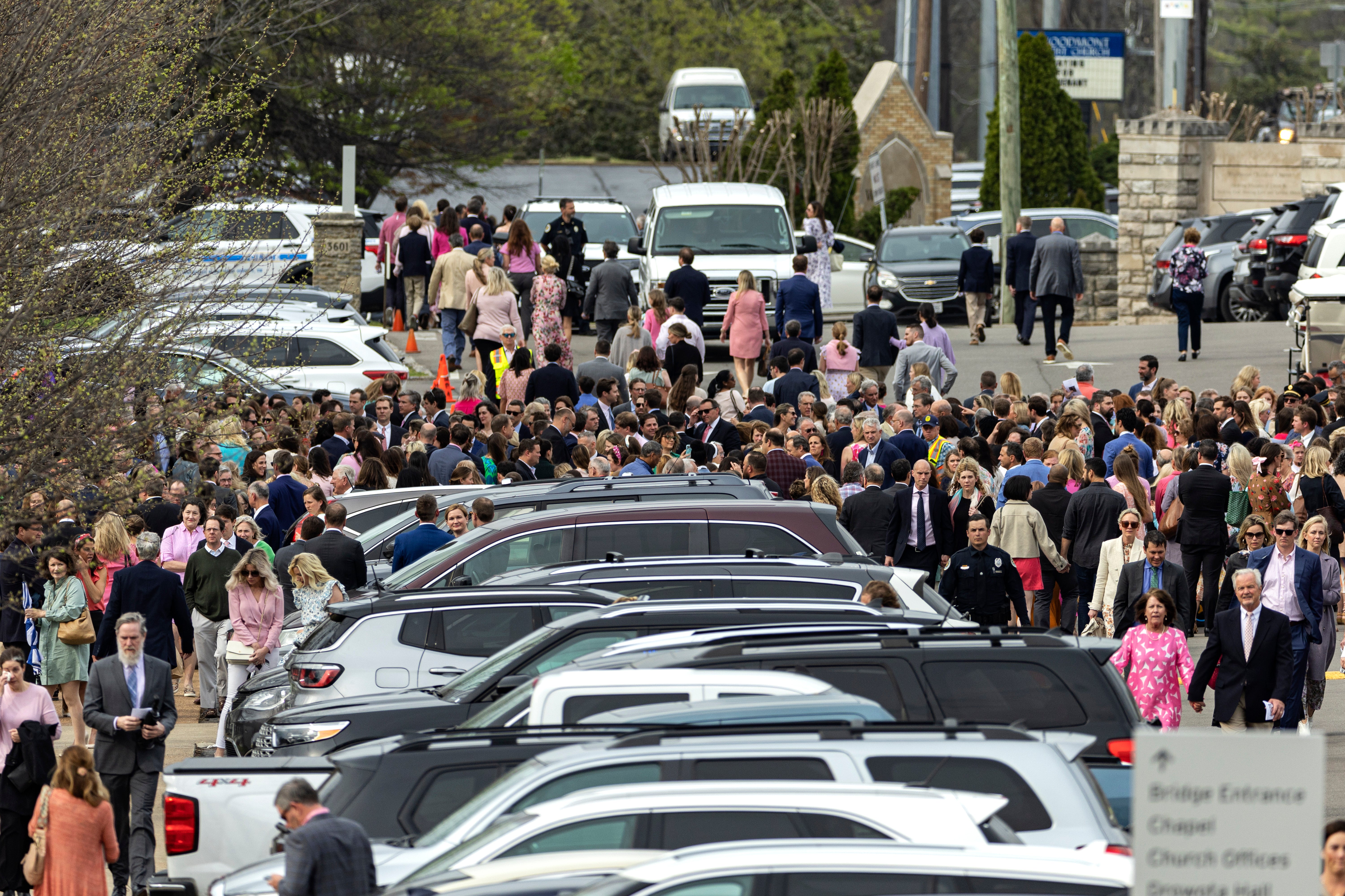 Mourners gather after a funeral service held for The Covenant School shooting victim Evelyn Dieckhaus at the Woodmont Christian Church Friday, March 31, 2023, in Nashville